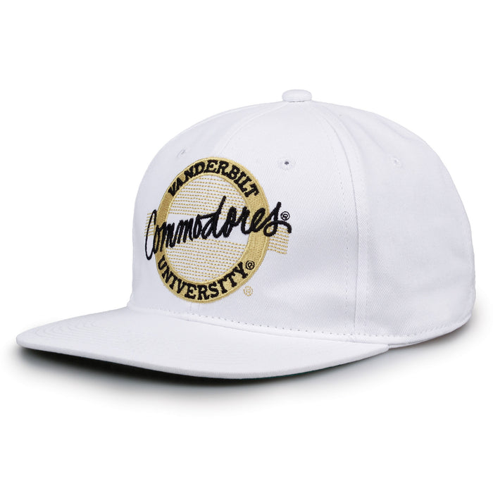 Vanderbilt Retro Circle snapback hat in white, angled view