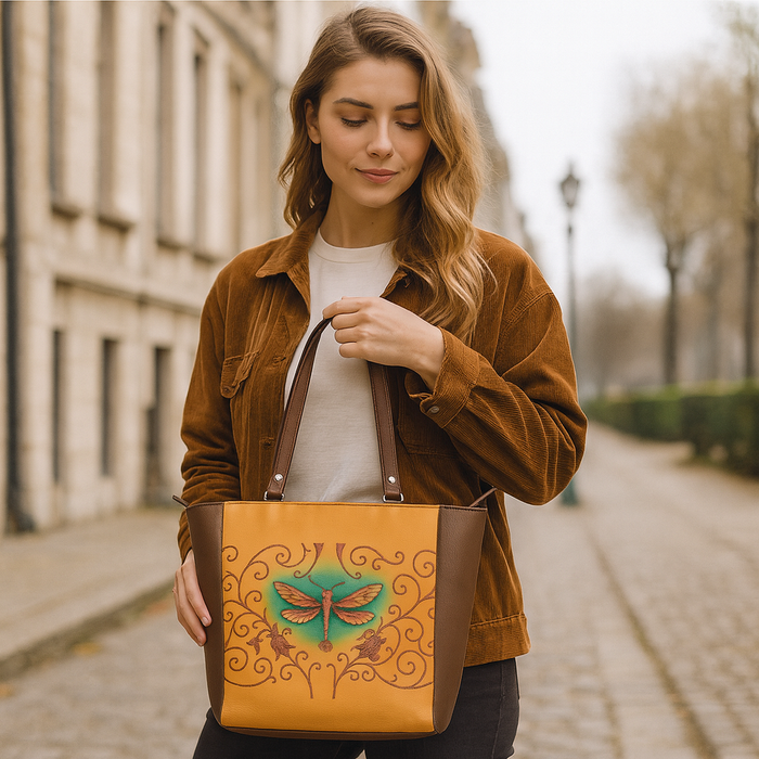 Women's handpainted dragonfly shoulder tote handbag for work, travel, and daily use-model image