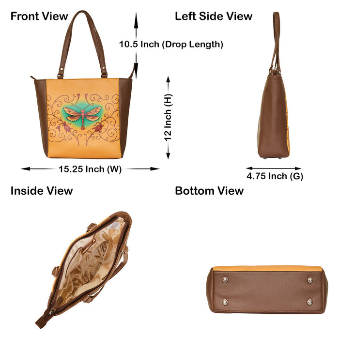 Women's handpainted dragonfly shoulder tote handbag for work, travel, and daily use-infographic image