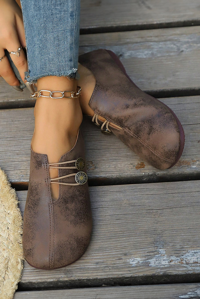 Vintage Button Detail Faux Leather Loafers | Boho Slip-On Flats