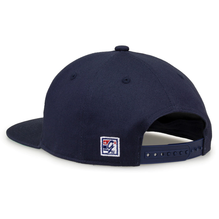 Virginia Retro Bar snapback hat in navy, rear view showing the adjustable snap closure