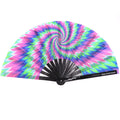 Vortex hand fan glowing under blacklight UV-Reactive pink blue spiral