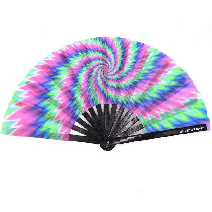Vortex hand fan glowing under blacklight UV-Reactive pink blue spiral