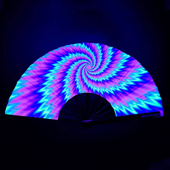 Vortex hand fan pink blue green psychedelic spiral open view under blacklight.