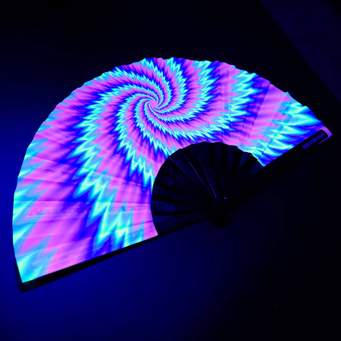 Vortex hand fan neon spiral glowing under blacklight