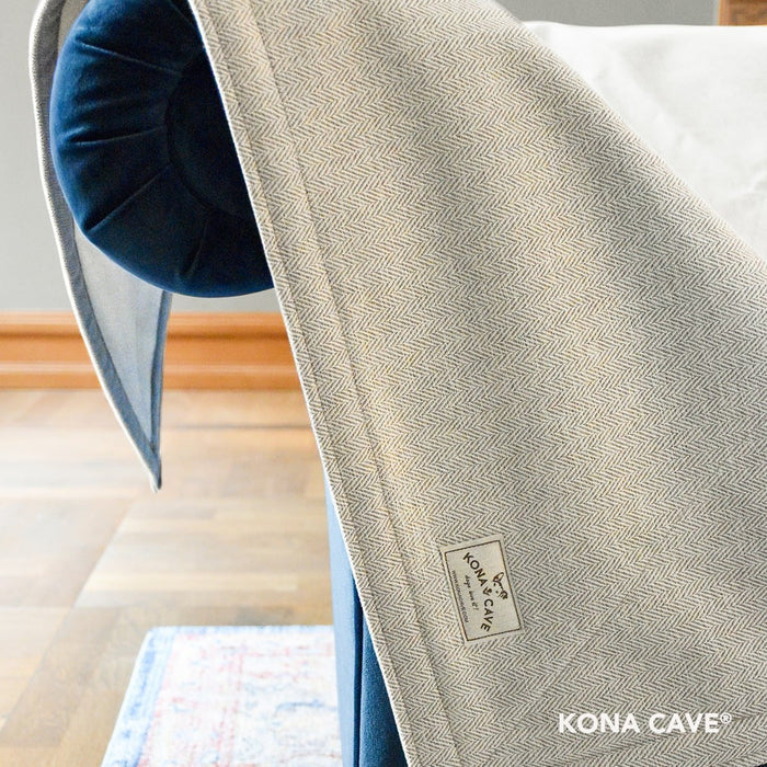 Extra Large weighted People Blanket in Cream Herringbone with Sherpa Fleece Lining. thick and cozy family room blanket