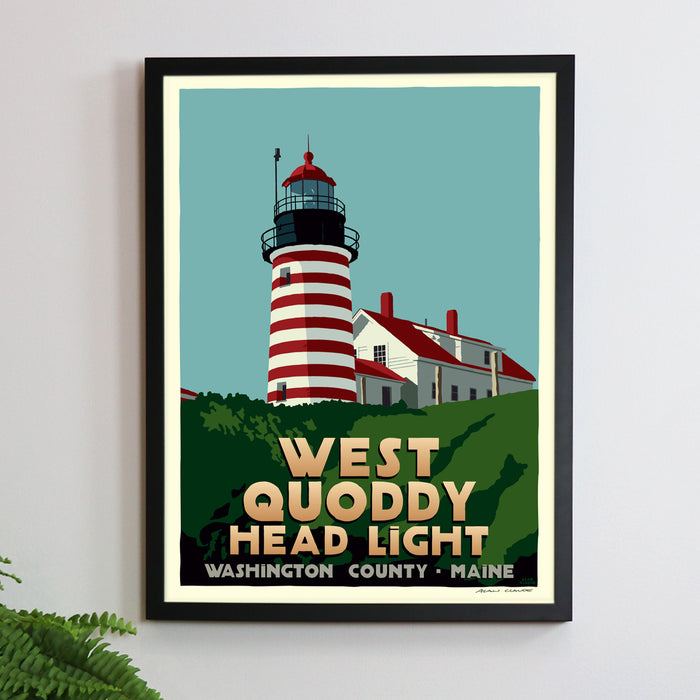 West Quoddy Head Light Art Print 18" x 24" Framed Travel Poster By Alan Claude - Maine