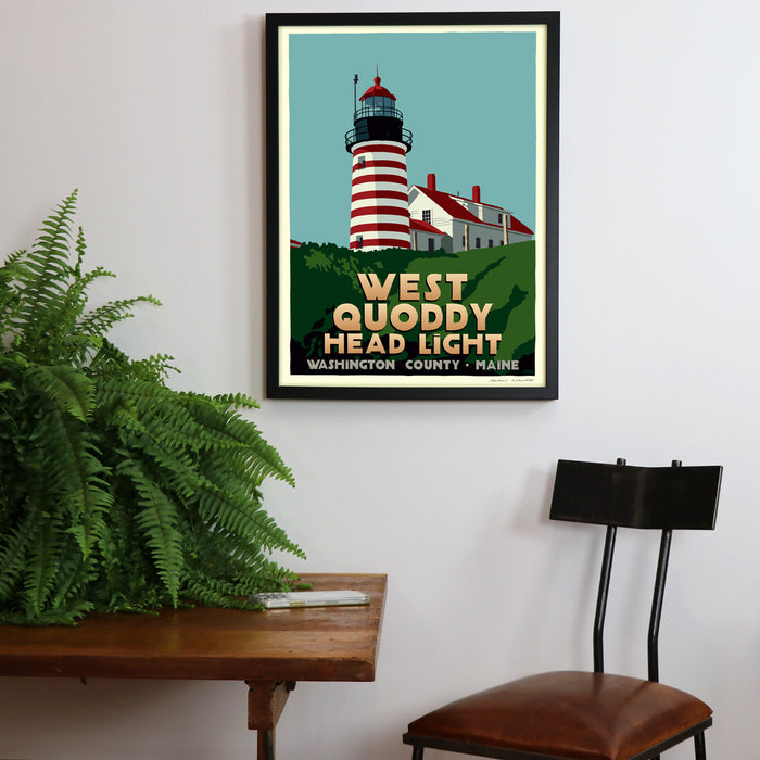 West Quoddy Head Light Art Print 18" x 24" Framed Travel Poster By Alan Claude - Maine