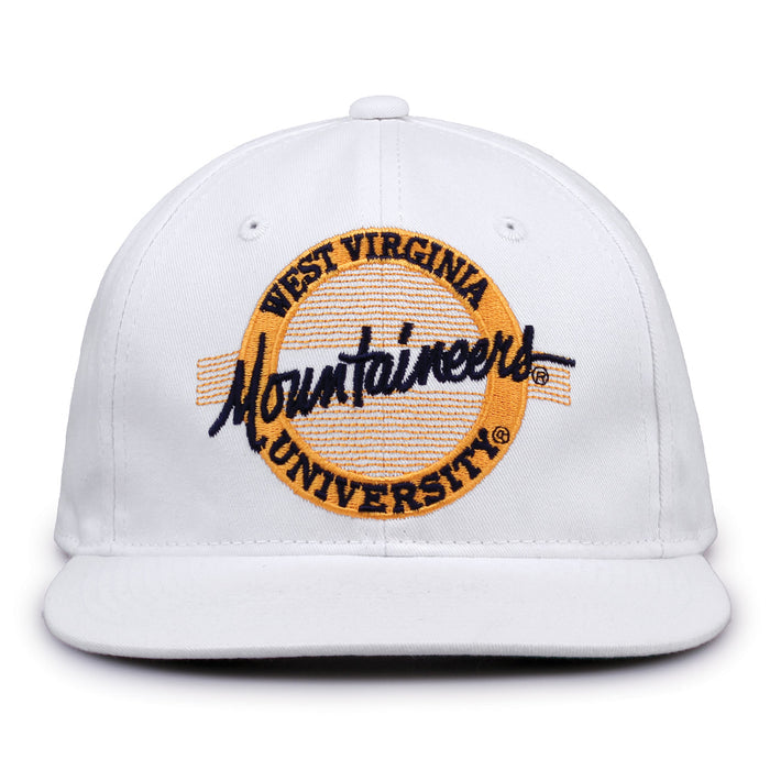 West Virginia Retro Circle snapback hat in white, front view