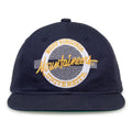 West Virginia Retro Circle snapback hat in navy, front view
