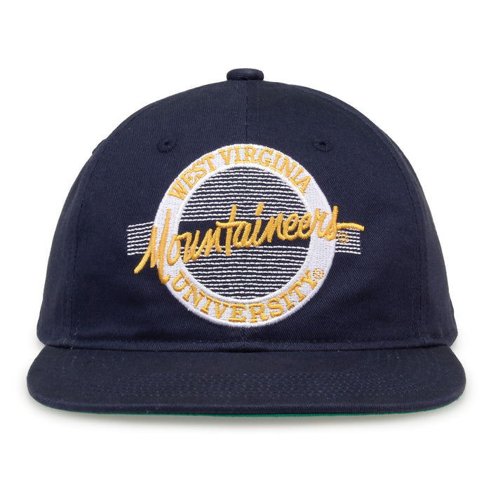 West Virginia Retro Circle snapback hat in navy, front view
