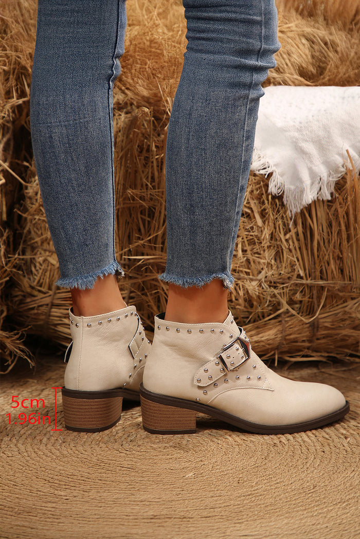 White Faux Leather Studded Pointed Toe Block Heel Ankle Boots