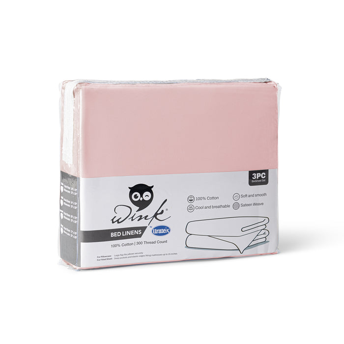 Packaging of the Wink Bed Linens 3 Piece Fitted Sheet Set in pink