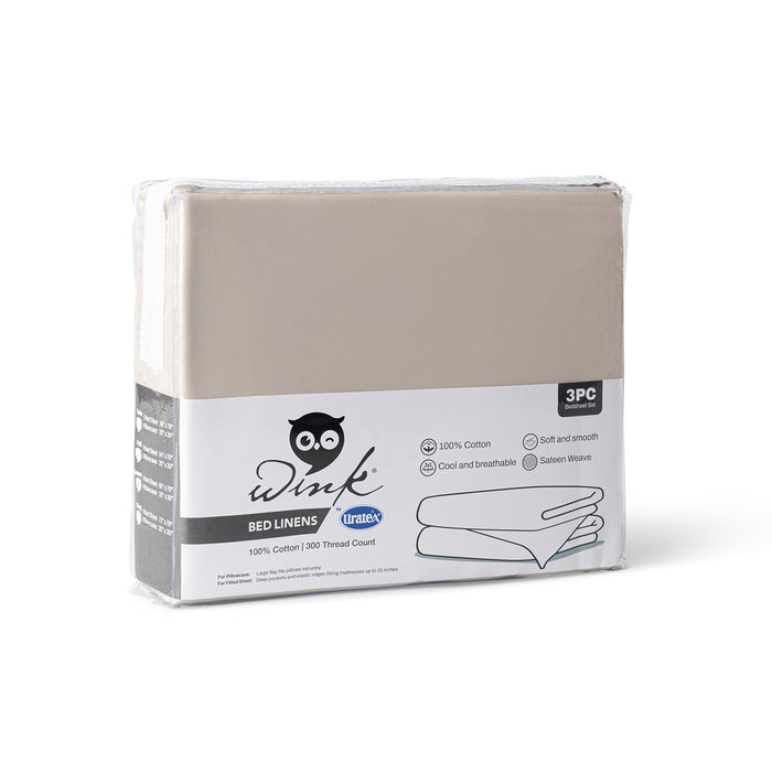 Packaging of the Wink Bed Linens 3 Piece Fitted Sheet Set in gray