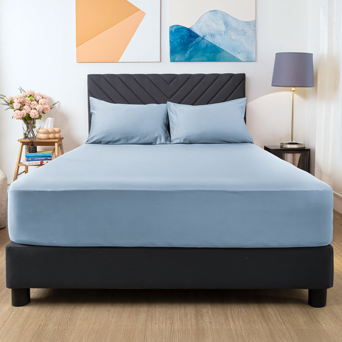 Wink Bed Linens 3 Piece Fitted Sheet Set in blue, shown in a room setting