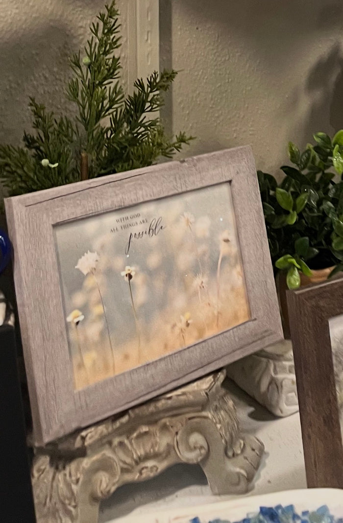 With God All Things Are Possible Art Sign Wood Framed Shimmering Picture 8”x10”