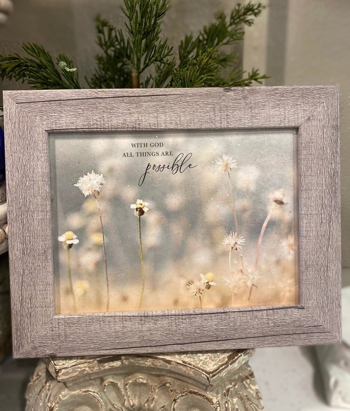 With God All Things Are Possible Art Sign Wood Framed Shimmering Picture 8”x10”