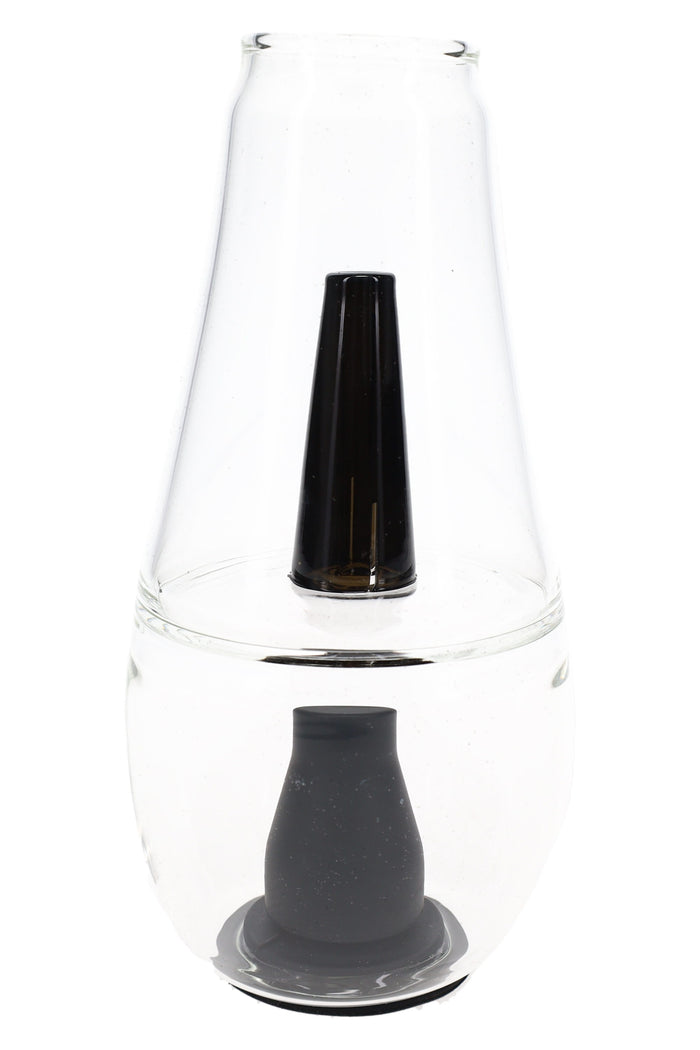 Clear Zenco Flow water glass with black silicone diffuser, carb hole, and rounded vapor cup shape