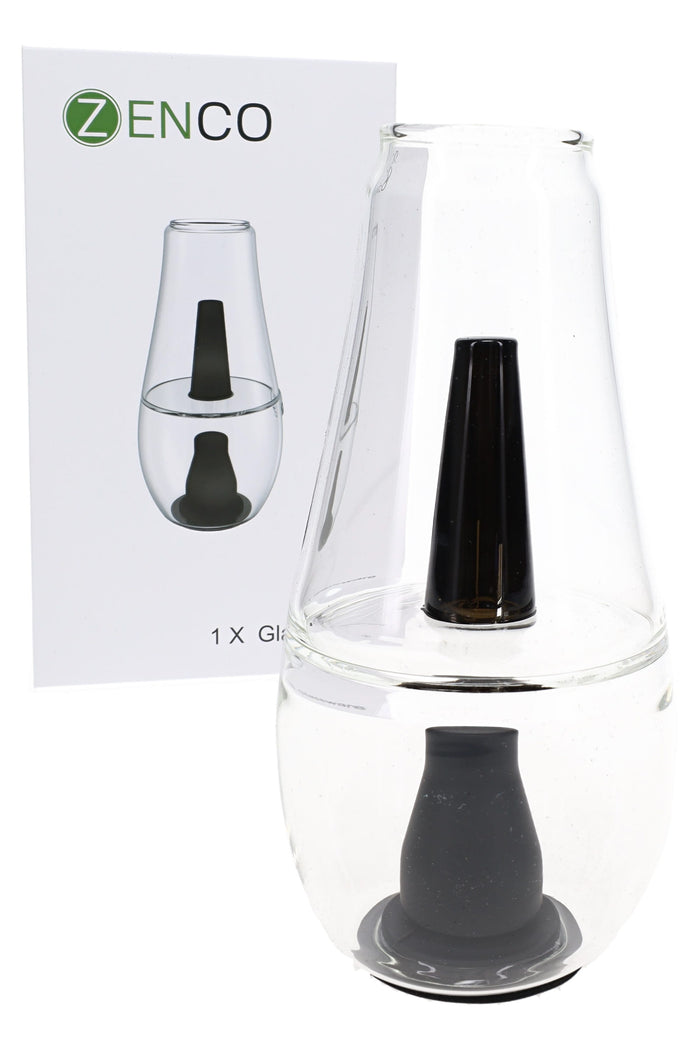 Zenco Flow water glassware attachment with white box, clear bubbler cup, and black silicone diffuser