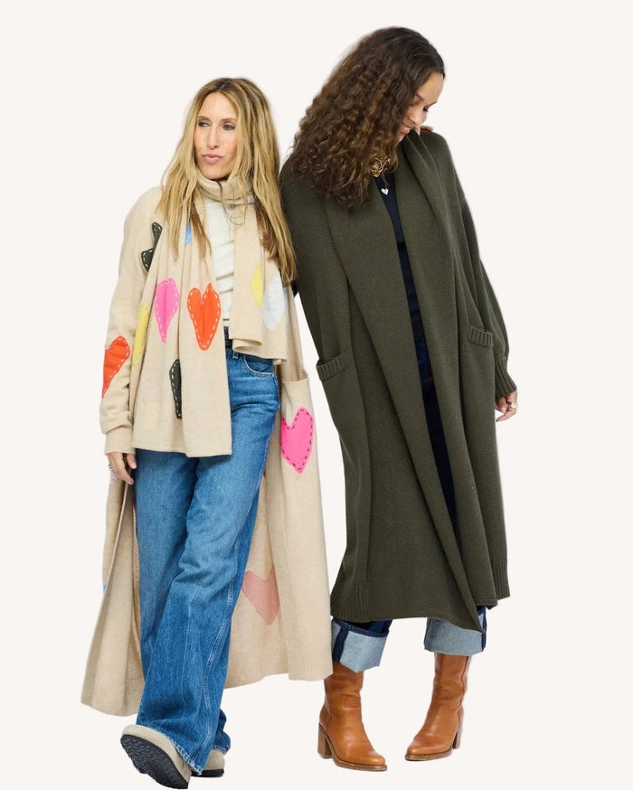Model wearing Mercer Loved Duster in army green. Kerri wearing Super Duper Zero Waste Duster and Zero Waste Scarf